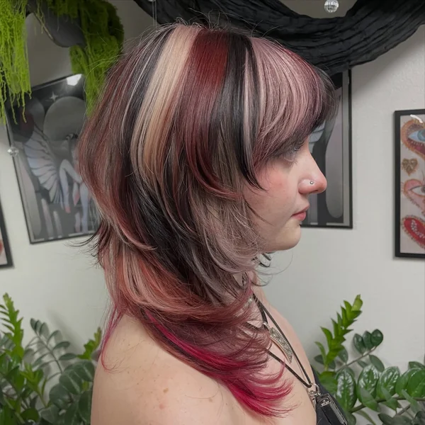 Calico Pink Hair on Mullet Shag with Blonde & Black