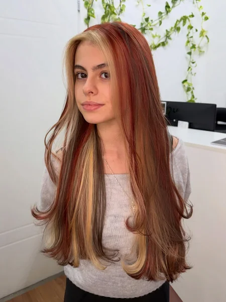 Red Calico Hair with Blonde & Brown on Long Straight Layers