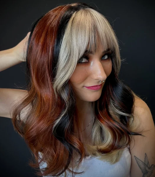 Bold Calico Hair — Black, Copper & Platinum Blonde Block Color