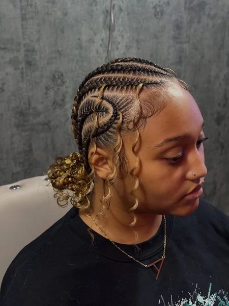 Creative Cornrow Updo with Blonde Curly Ends