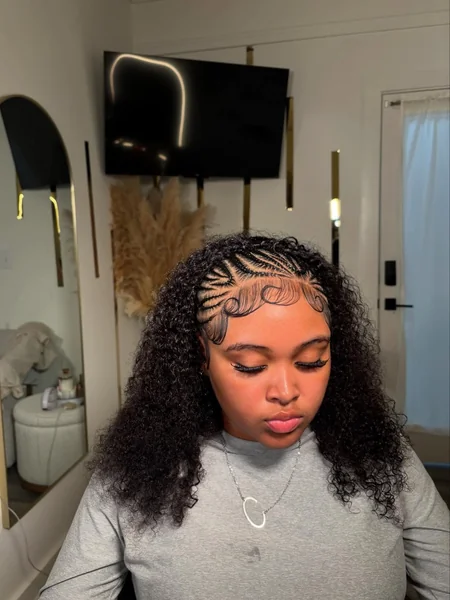 Curly Wig with Braided Hairline and Swoop Edges