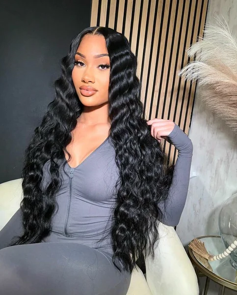 Long Deep Wave Black Wig with Middle Part