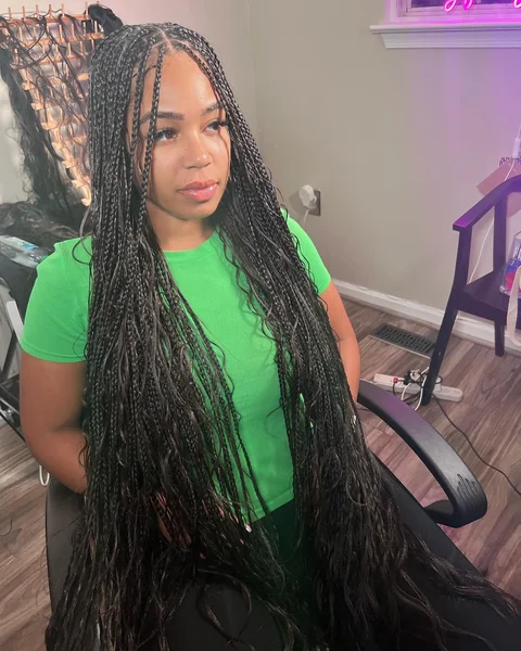Small Long Black Knotless Braids with Curly Ends