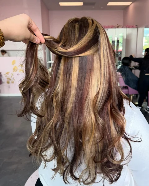 Blended Calico Hair Color with Burgundy & Honey Blonde