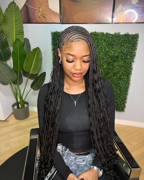 Feed-In Cornrow Braids with Curly Ends