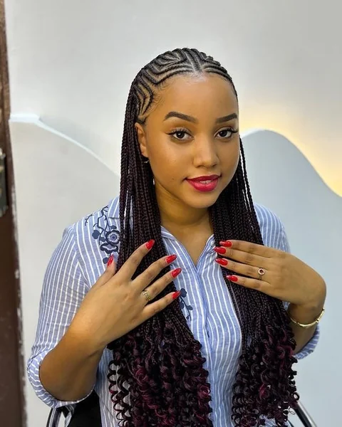 Cornrows with Curly Burgundy Braids