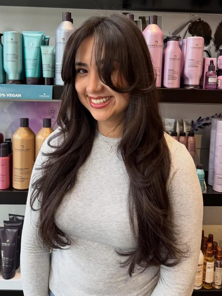 Long Wavy Hair with Curtain Bangs