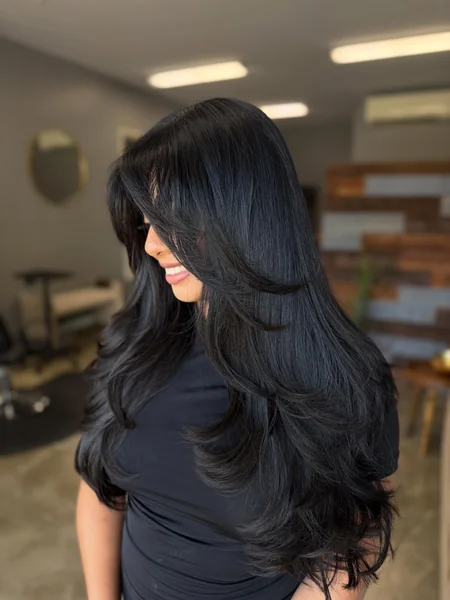 Sleek Long Curtain Bangs Side View