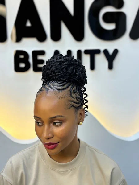 Cornrow Updo with Curly Bun
