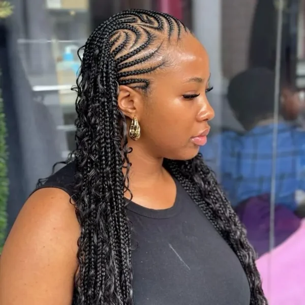 Curved Cornrows into Curly Box Braid Tails