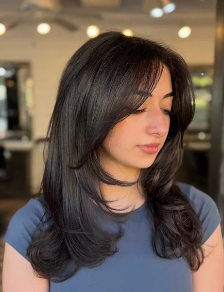 Layered Curtain Bangs on Dark Hair