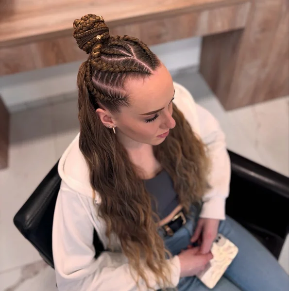 Cornrow Top Knot Bun with Wavy Ponytail
