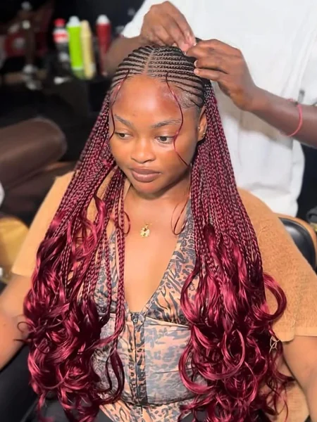 Burgundy Cornrow Braids with Curls