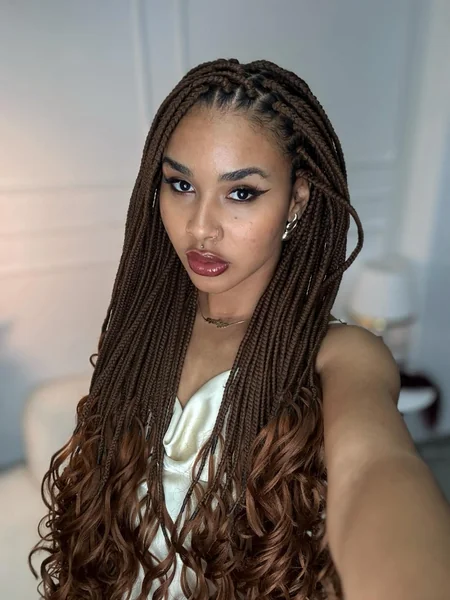 Brown Box Braids with Cornrow Top and Curly Ends
