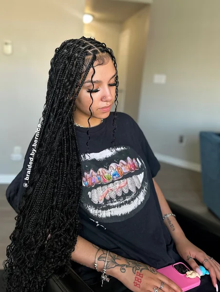 Long Black Boho Braids Clean Part