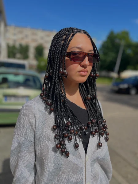 Black Knotless Braids with Wooden Beads