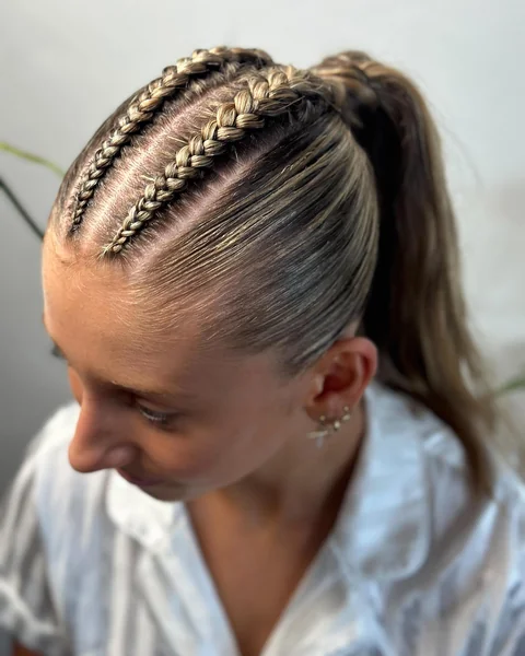 Double Mini Cornrows into High Sleek Ponytail