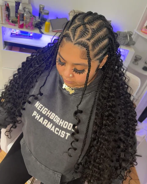 Feed-In Stitch Cornrows with Long Curly Weave