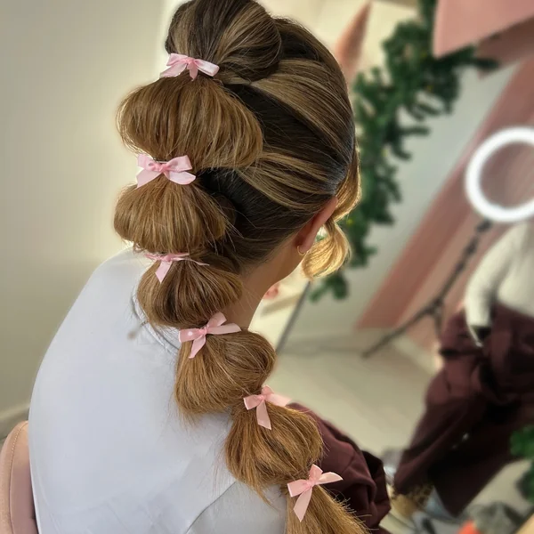Pretty Bubble Ponytail with Pink Bows