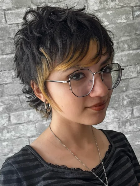 Layered Curly Pixie with Golden Bangs