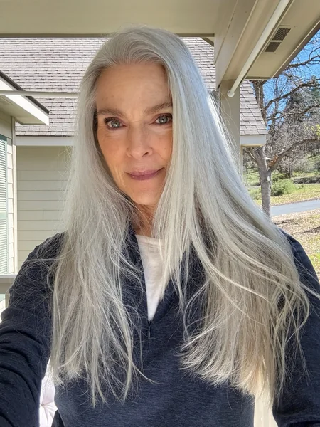 Long Straight Silver Hairstyle for Women Over 60