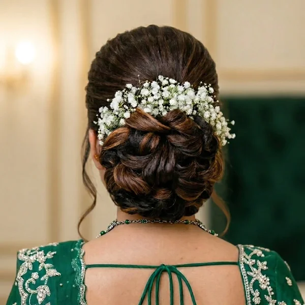 Low Bun with Baby's Breath Flowers