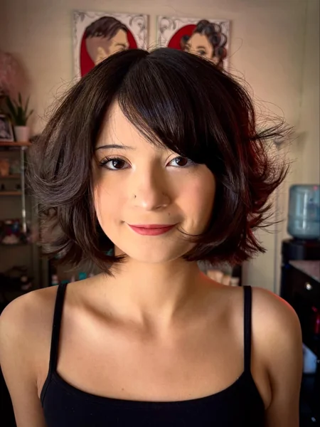 Wavy Dark Bob with Soft Side Bangs