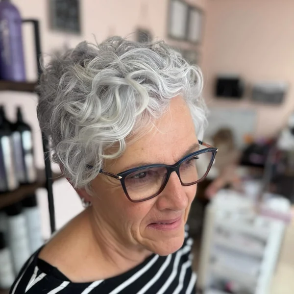 Curly Gray Pixie with Glasses