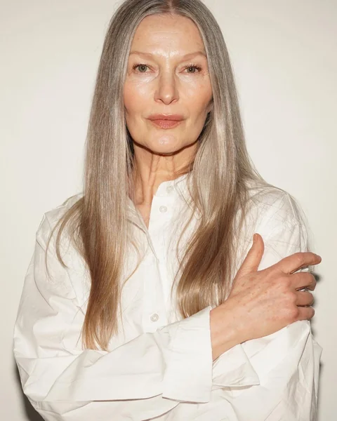 Long Straight Gray Hairstyle, Sleek and Simple