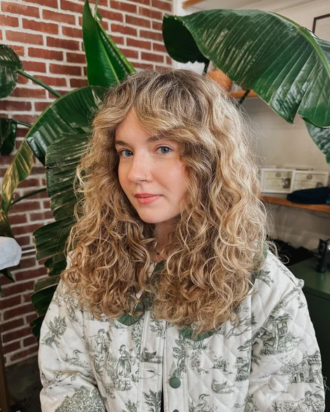 Blonde Curly Shag Haircut with Bangs