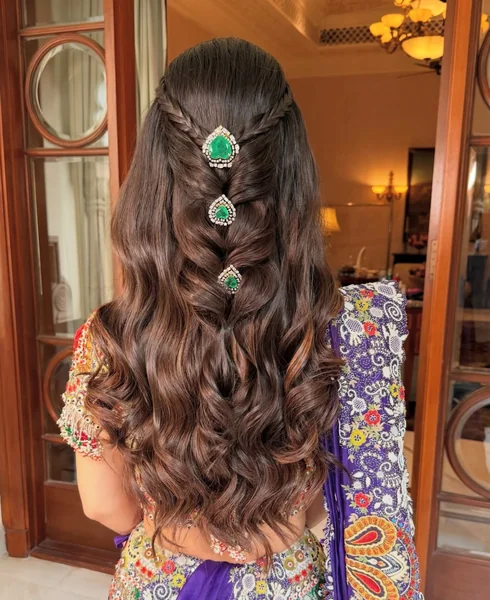 Half-Up Twisted Braid with Emerald Hairpins