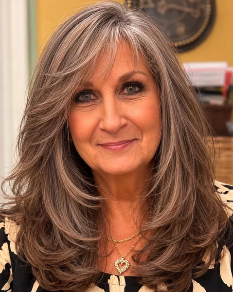 Long Layered Hairstyle with Bangs for Women Over 50