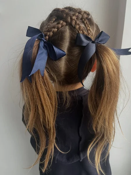 Braided Pigtails with Navy Ribbons