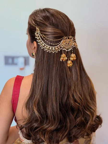 Half-Up Style with Gold Pearl Jhoomar Drape