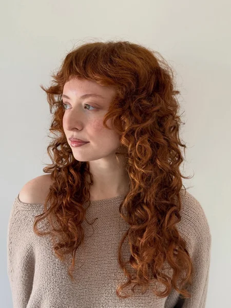 Long Auburn Curly Shag with Bangs