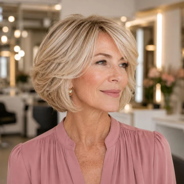 Blonde Layered Bob with Face-Framing Bangs