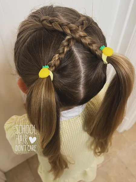 Dutch Braid into Pigtails with Pineapple Ties