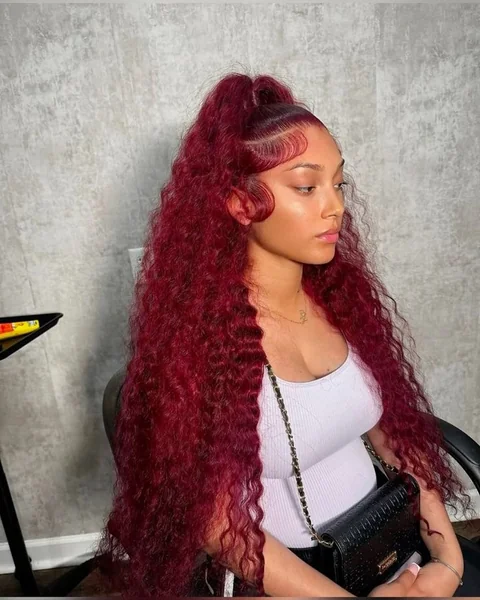 Burgundy Curly Wig Half-Up Style
