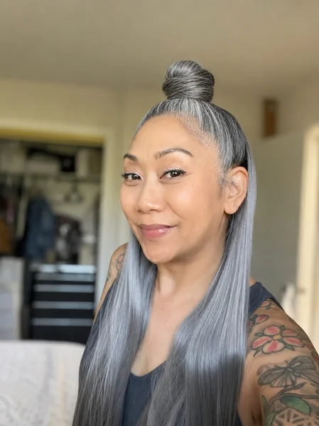 Long Straight Silver Hair with Half-Up Bun