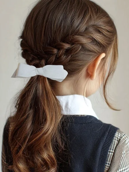 Side Braid into Low Ponytail with Bow