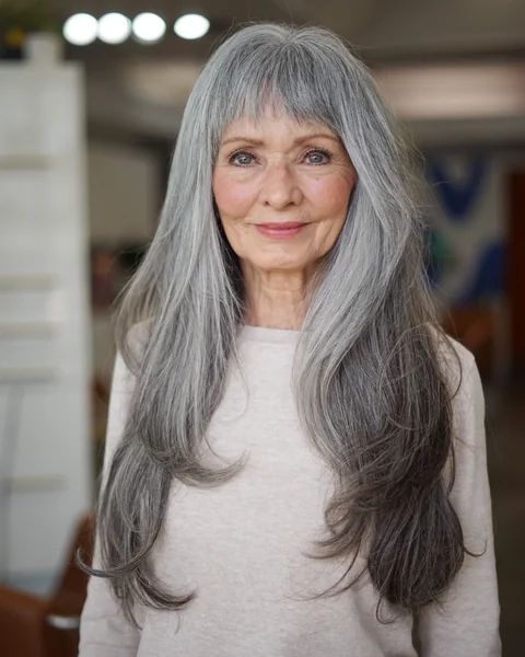 Long Layered Gray Hairstyle with Bangs for Women Over 60