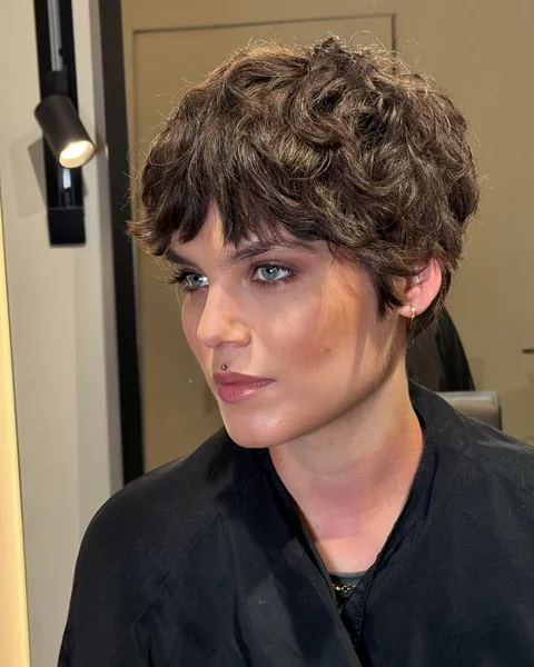 Layered Curly Pixie with Bangs