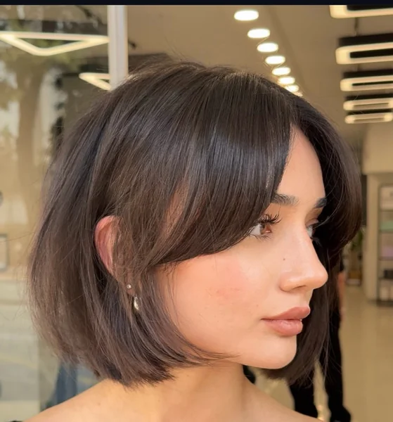 Glossy Dark Blunt Bob with Bangs