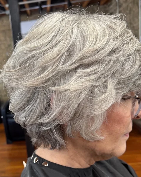 Silver Gray Layered Bob with Soft Waves