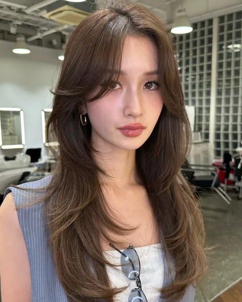 Japanese Long Layered Hairstyle with Soft Bangs