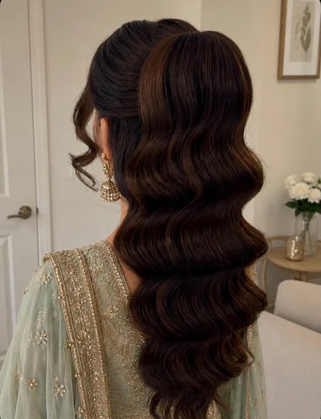 Half-Up Waves for Reception Lehenga Back View