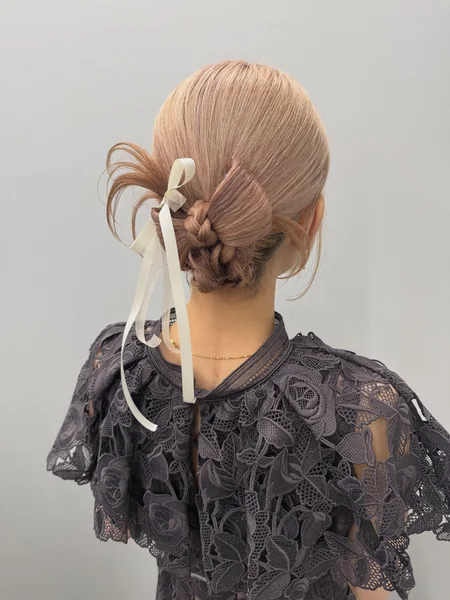 Braided Updo with Cream Ribbon Bow