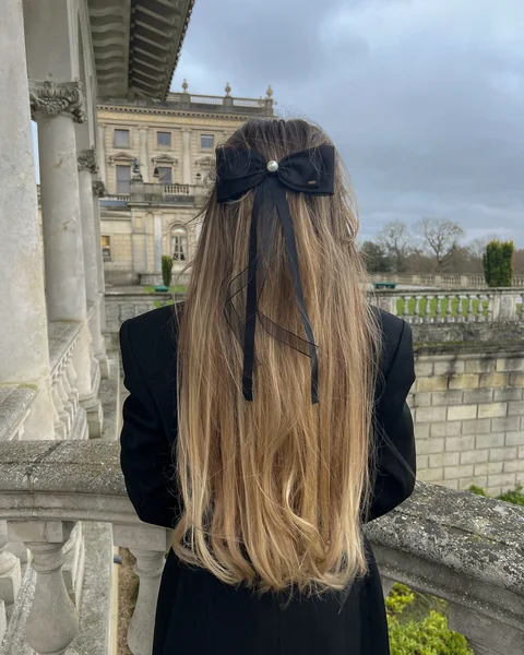 Half-Up Hairstyle with Pearl Ribbon Bow