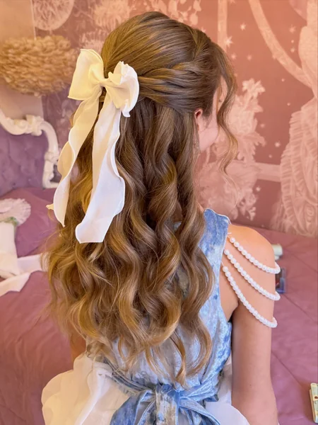 Curly Half-Up Style with Pearl Ribbon Detail
