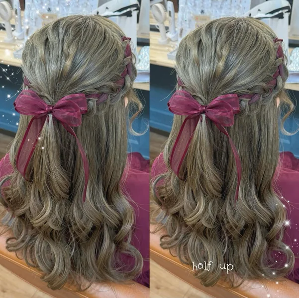 Half-Up Braid Crown with Burgundy Ribbon